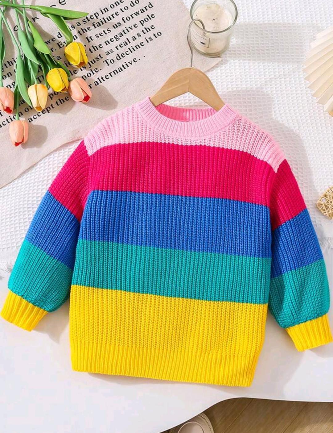 Girls Rainbow Stripe Knit Sweater | Color Block Pullover | Ages 4–7