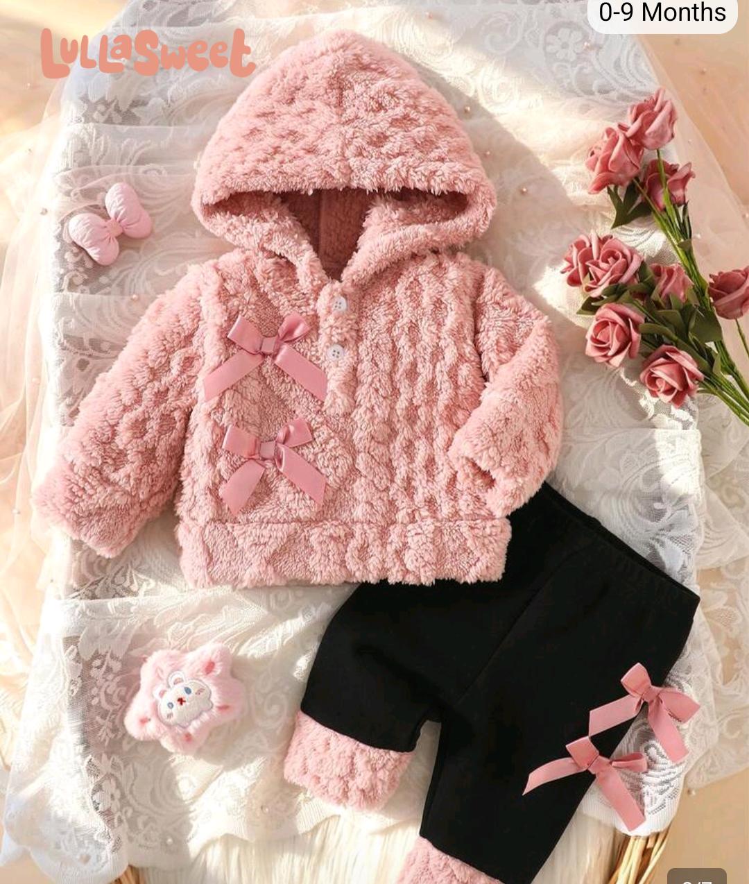 Baby Girls Hooded Fleece Outfit with Bow Details | 0–9 Months