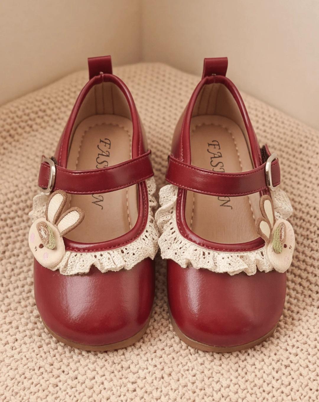 Girls Maroon Bunny Lace Mary Jane Flats | Toddler Party Shoes | EUR 21–32
