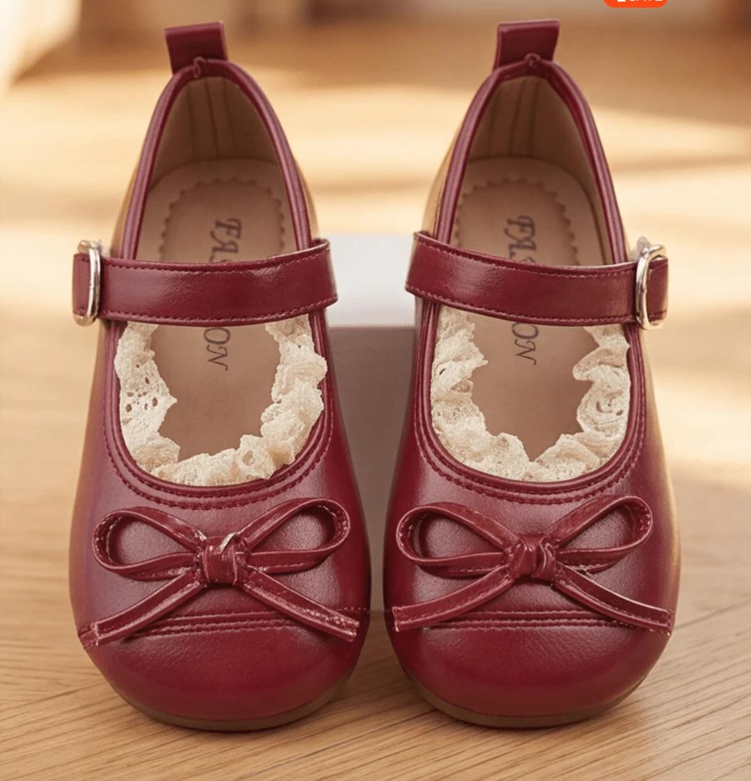 Girls Maroon Bow Lace Trim Mary Jane Shoes | Kids Flats