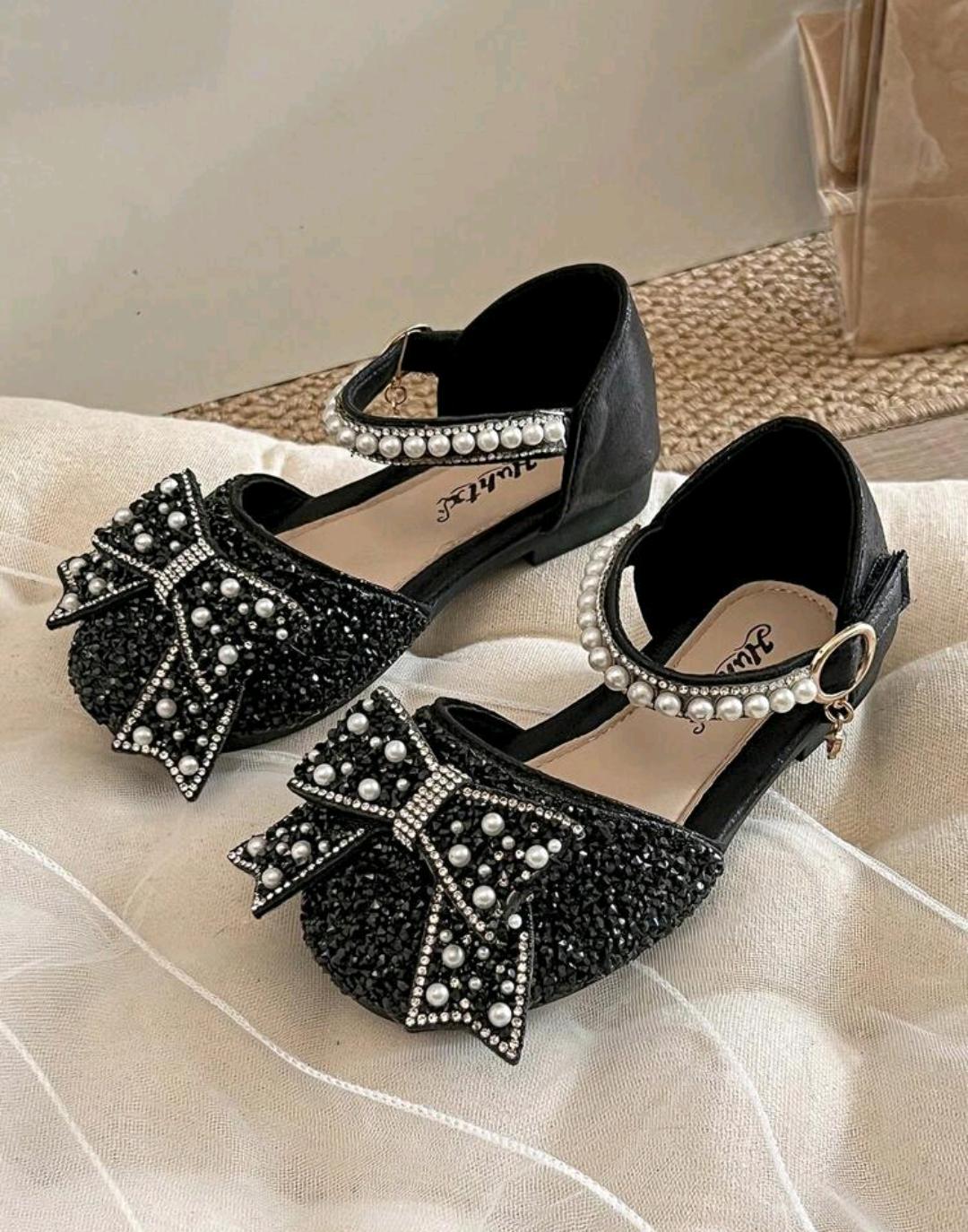Girls Black Glitter Bow Pearl Mary Jane Flats | EUR 21–35