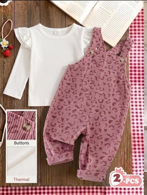 Baby Girl Heart Print Jumpsuit with Ribbed White Shirt