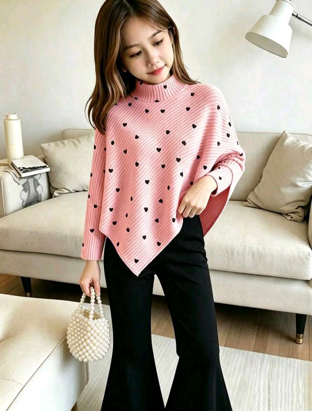Heart Print Knit Poncho Sweater for Ages 4–7