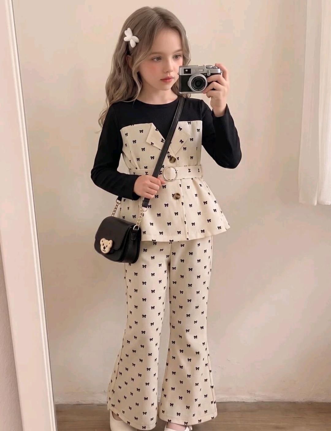 Girls' Bow Print Two-Piece Outfit – Ages 4–7
