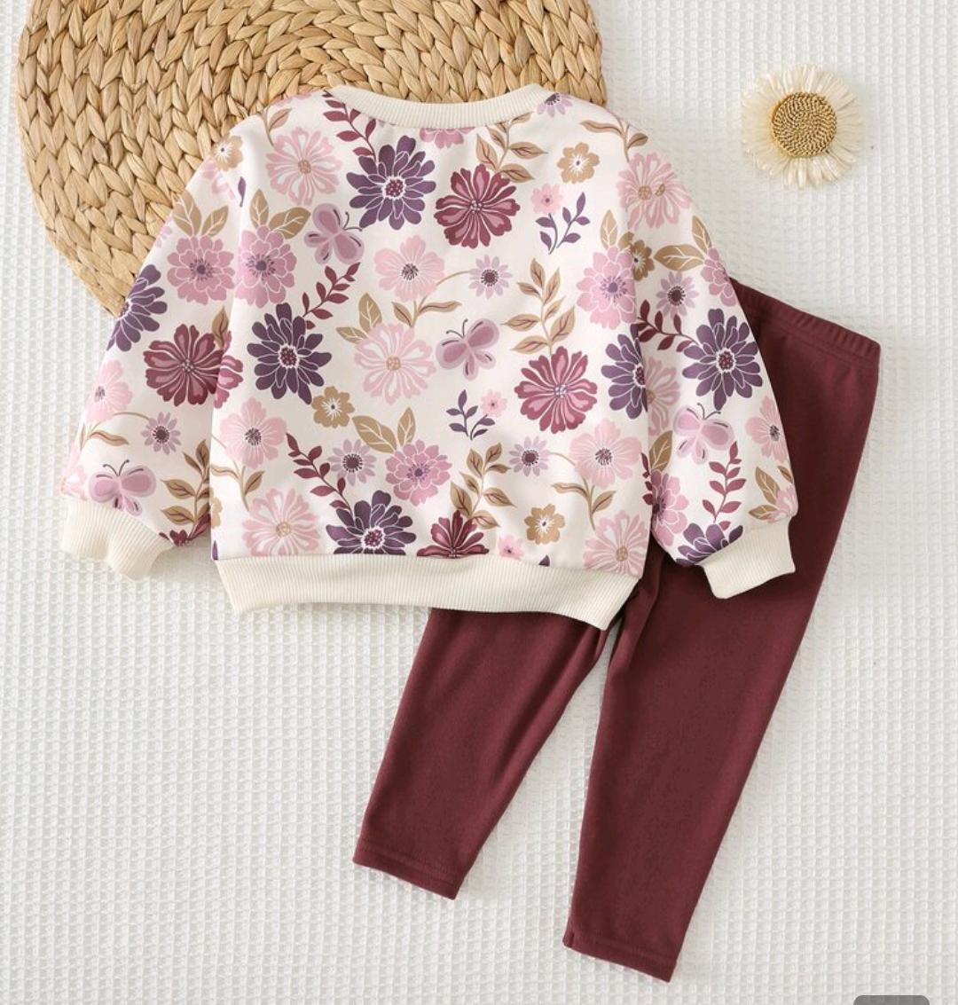 Girls 3-Piece Floral Sweatshirt Set with Leggings & Beanie | Ages 4–7