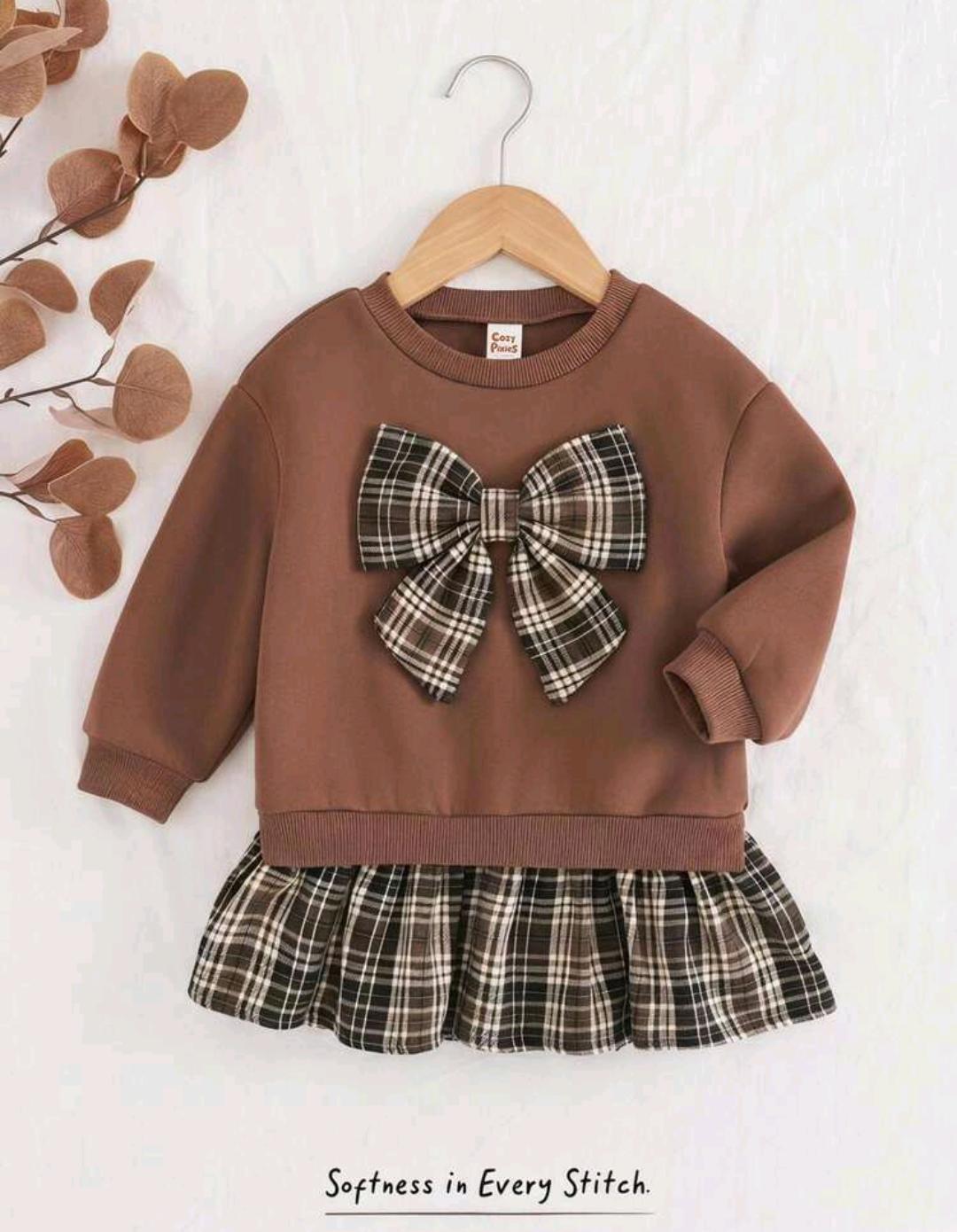 Girls Bow Plaid Sweatshirt Dress | Ages 4–7
