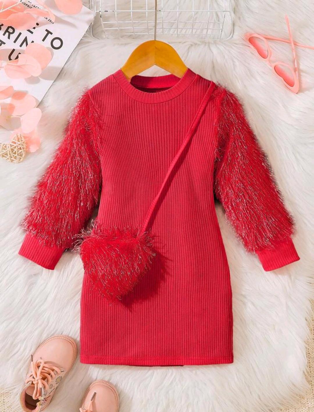Girls Fluffy Sleeve Knit Dress with Bag | Ages 4–7