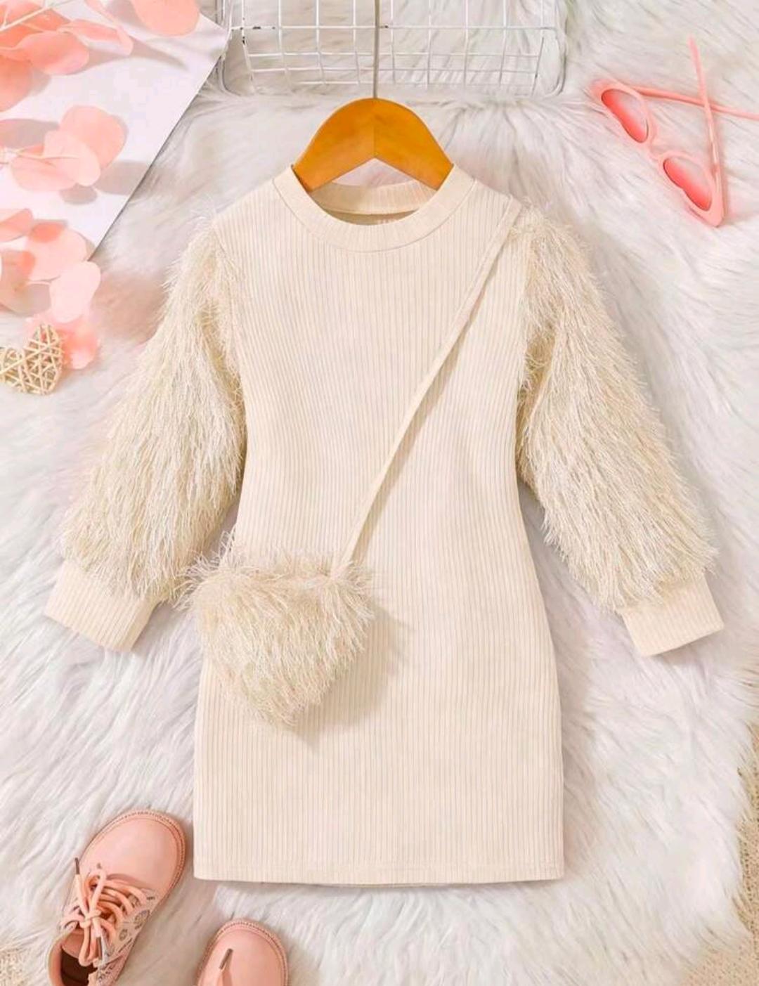 Girls Fluffy Sleeve Knit Dress with Bag | Ages 4–7