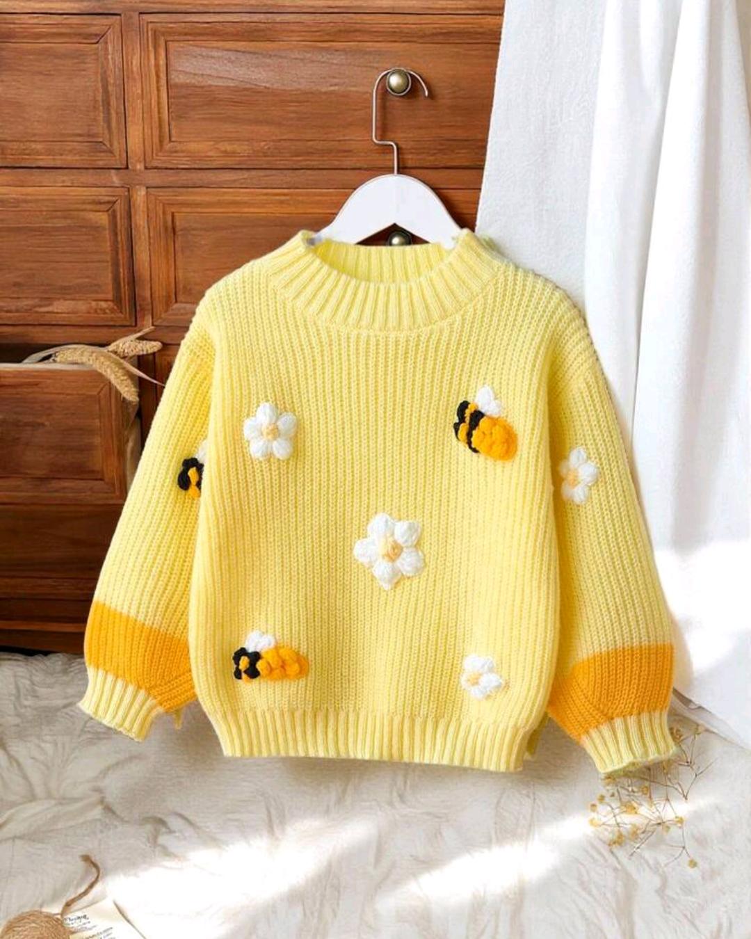 Girls 3D Bee & Flower Knit Sweater | Ages 4–7