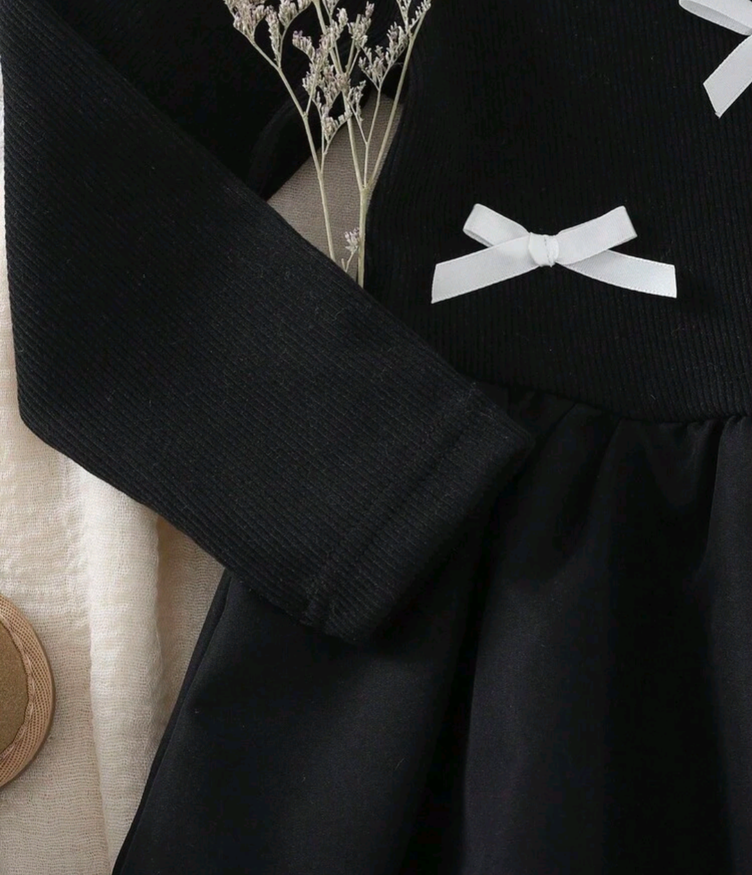 Girls Black Bow Detail Long Sleeve Dress