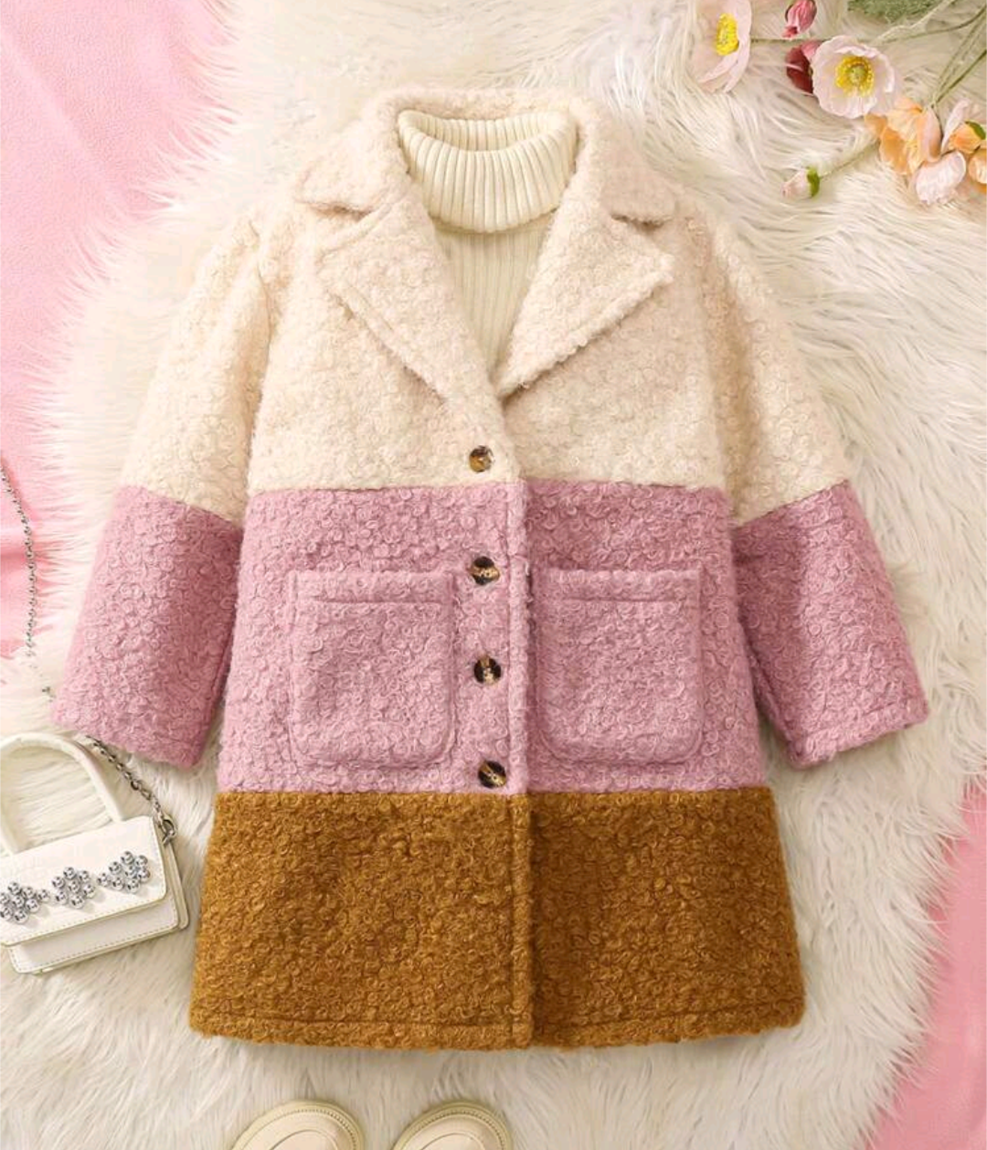Tri-Colour Teddy Coat – Cream, Blush Pink & Caramel