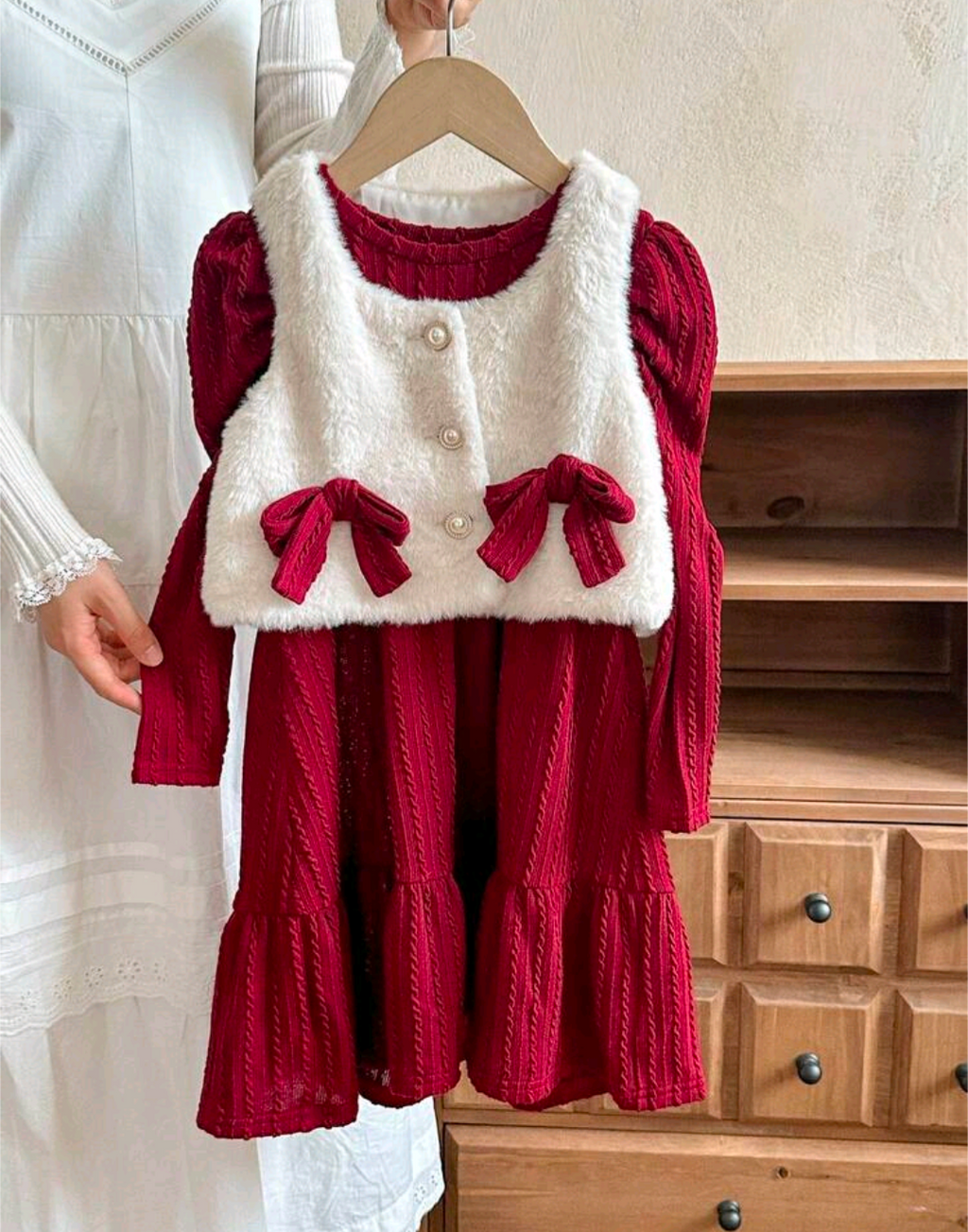 Girls Red Knit Dress & Fluffy Vest Set