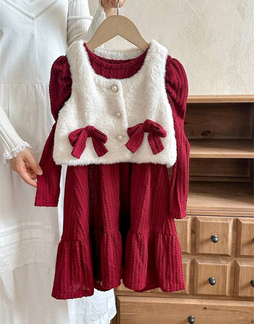 Girls Red Knit Dress & Fluffy Vest Set