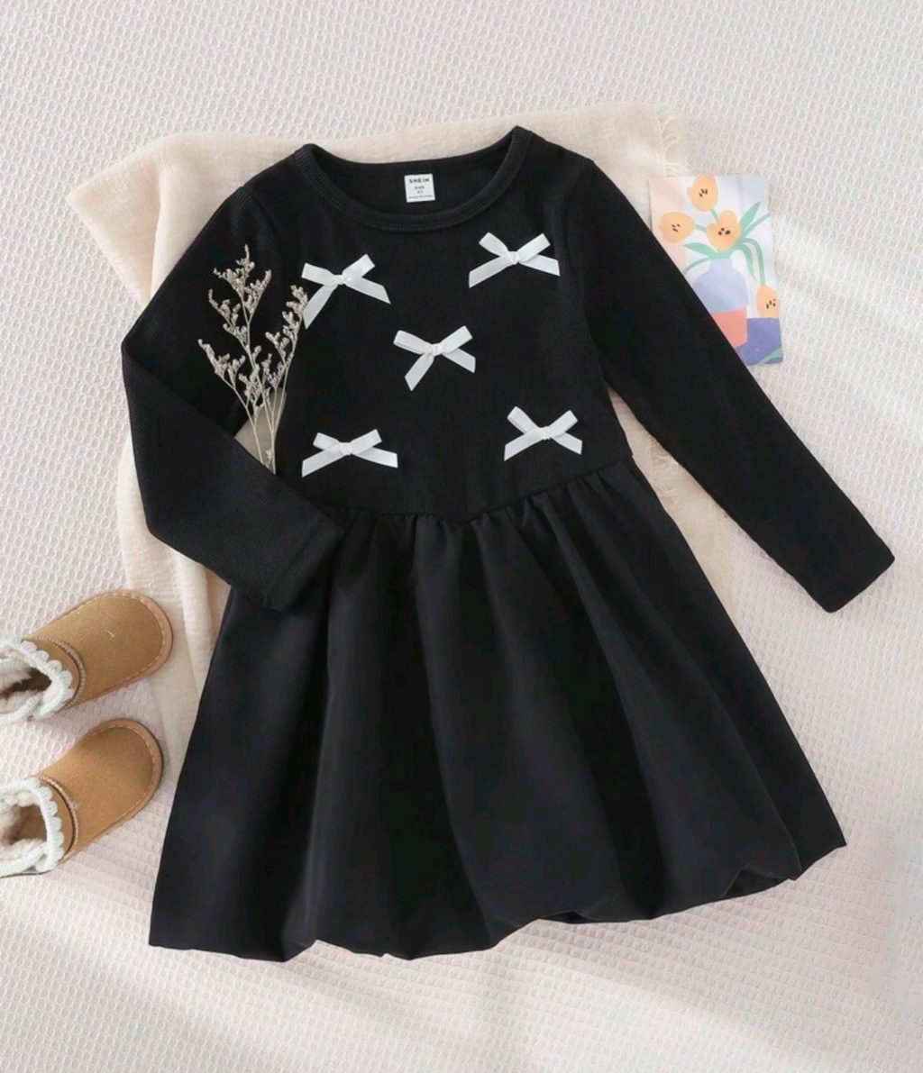 Girls Black Bow Detail Long Sleeve Dress