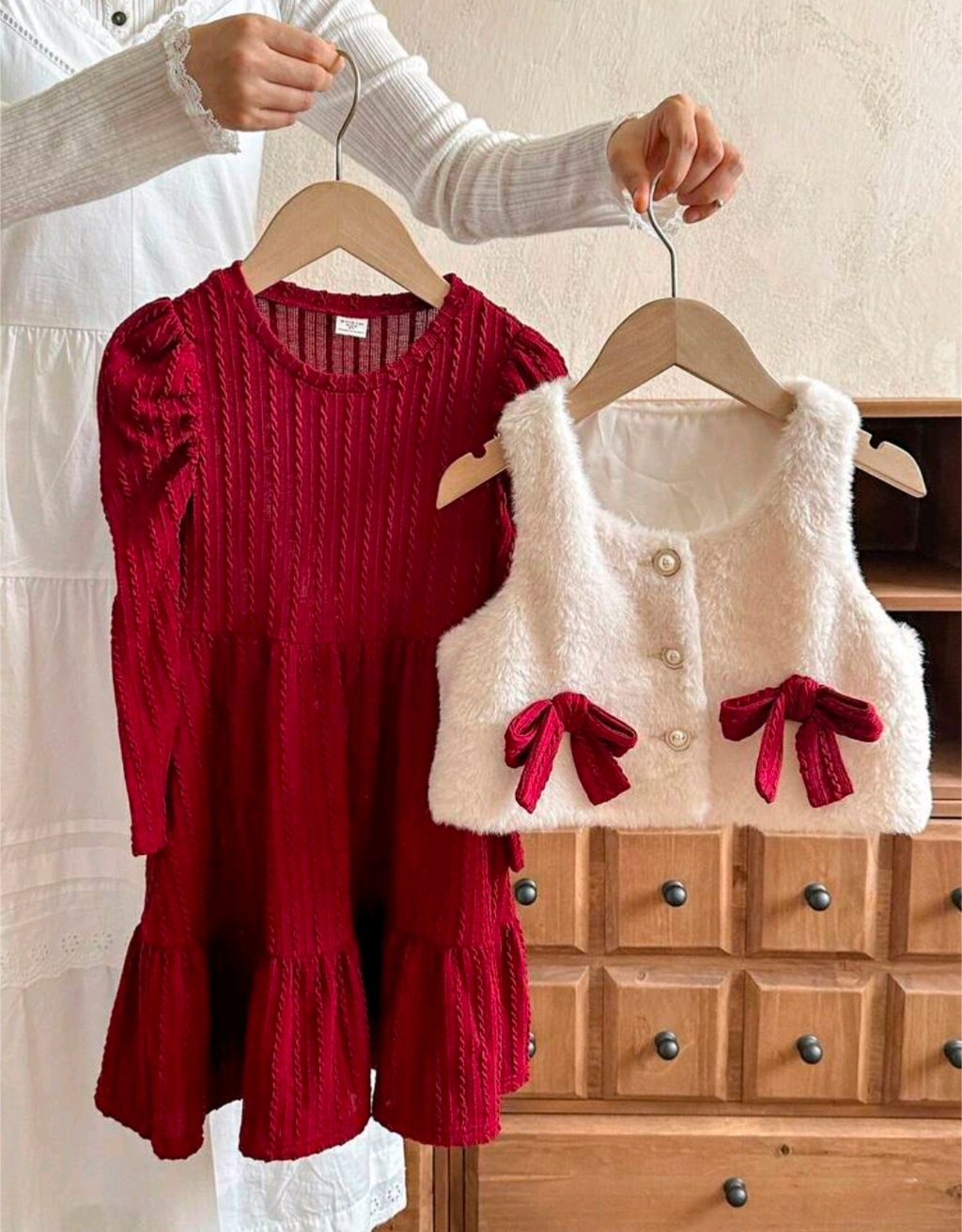 Girls Red Knit Dress & Fluffy Vest Set