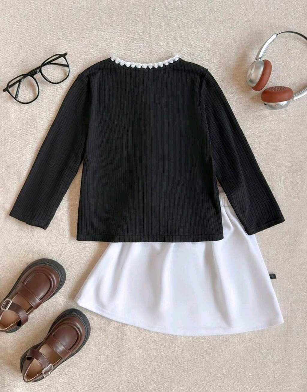 Girls Black Cardigan & White Bow Skirt Set