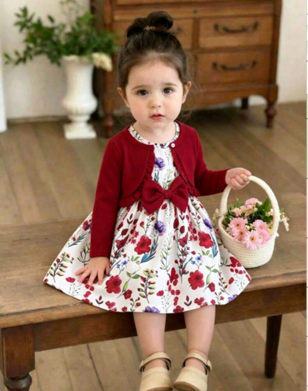 Baby Girls’ Floral Bow Dress & Burgundy Cardigan Set