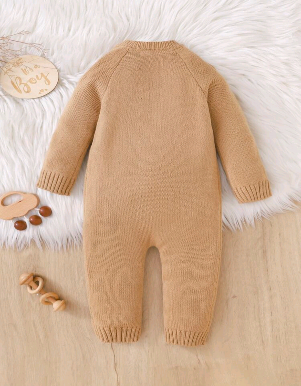 Teddy Bear Knitted Baby Romper – Camel