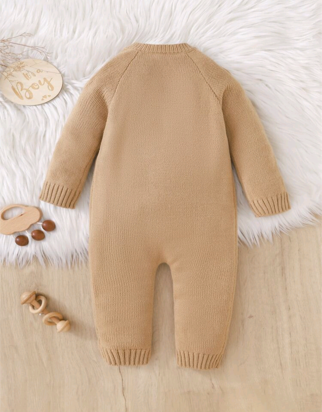 Teddy Bear Knitted Baby Romper – Camel