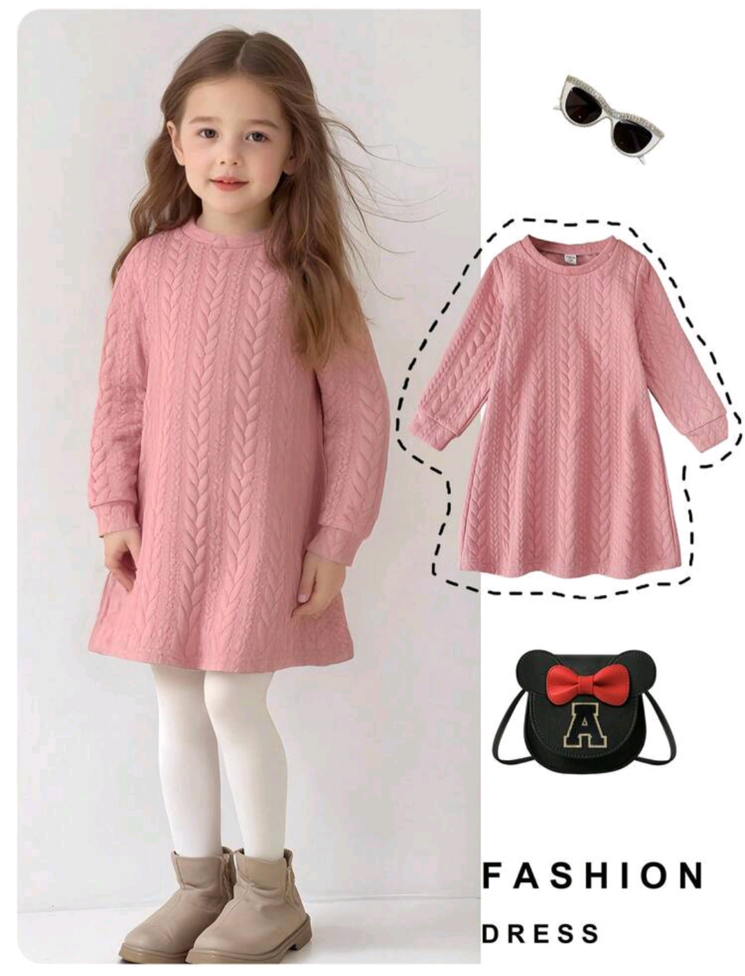 Girls’ Pink Cable-Textured Long-Sleeve Dress