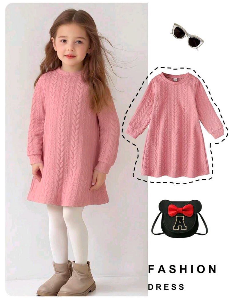 Girls’ Pink Cable-Textured Long-Sleeve Dress