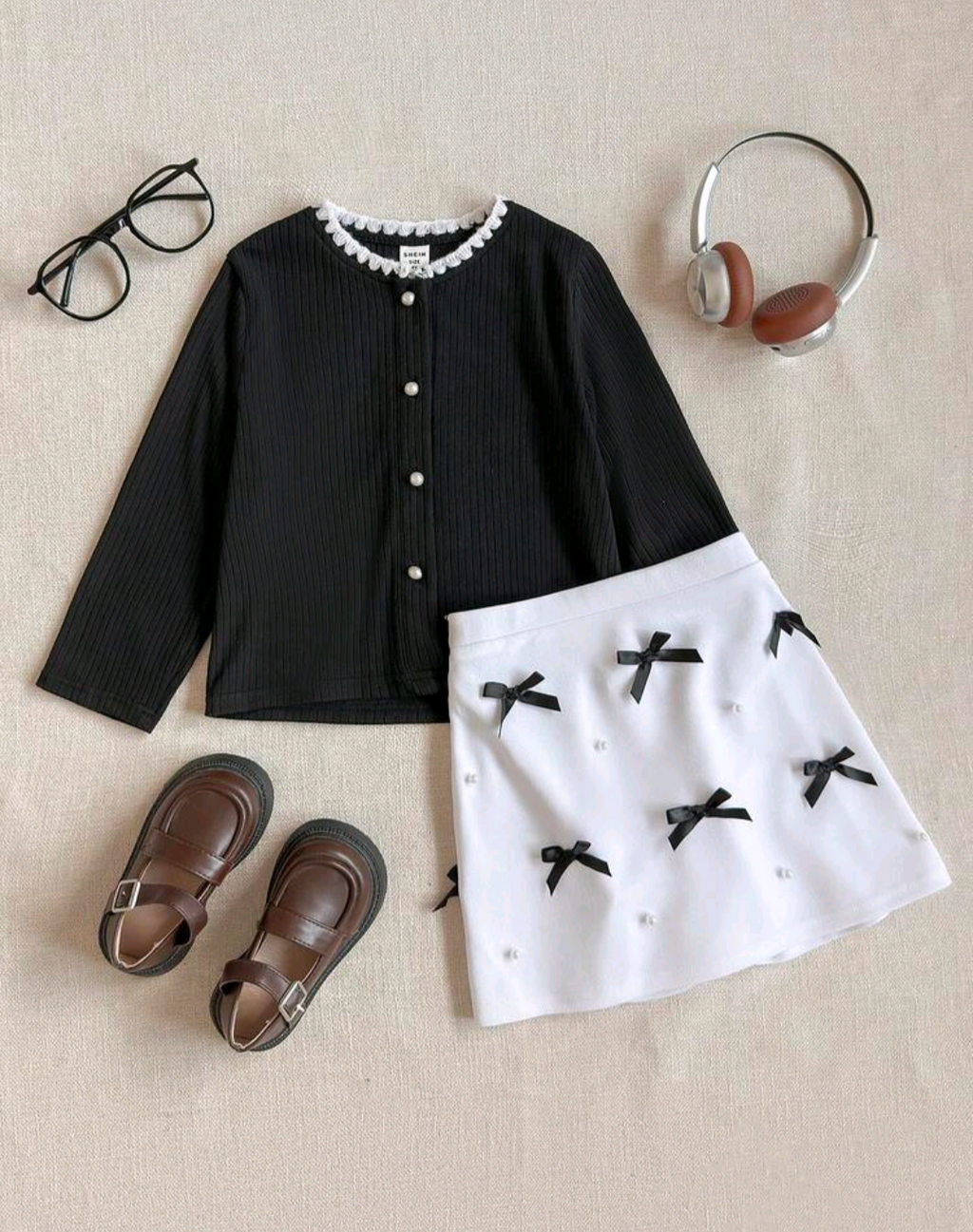 Girls Black Cardigan & White Bow Skirt Set