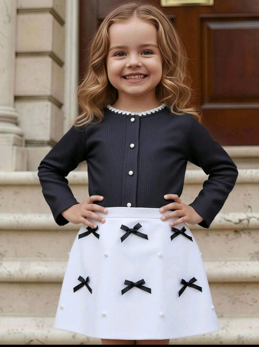 Girls Black Cardigan & White Bow Skirt Set