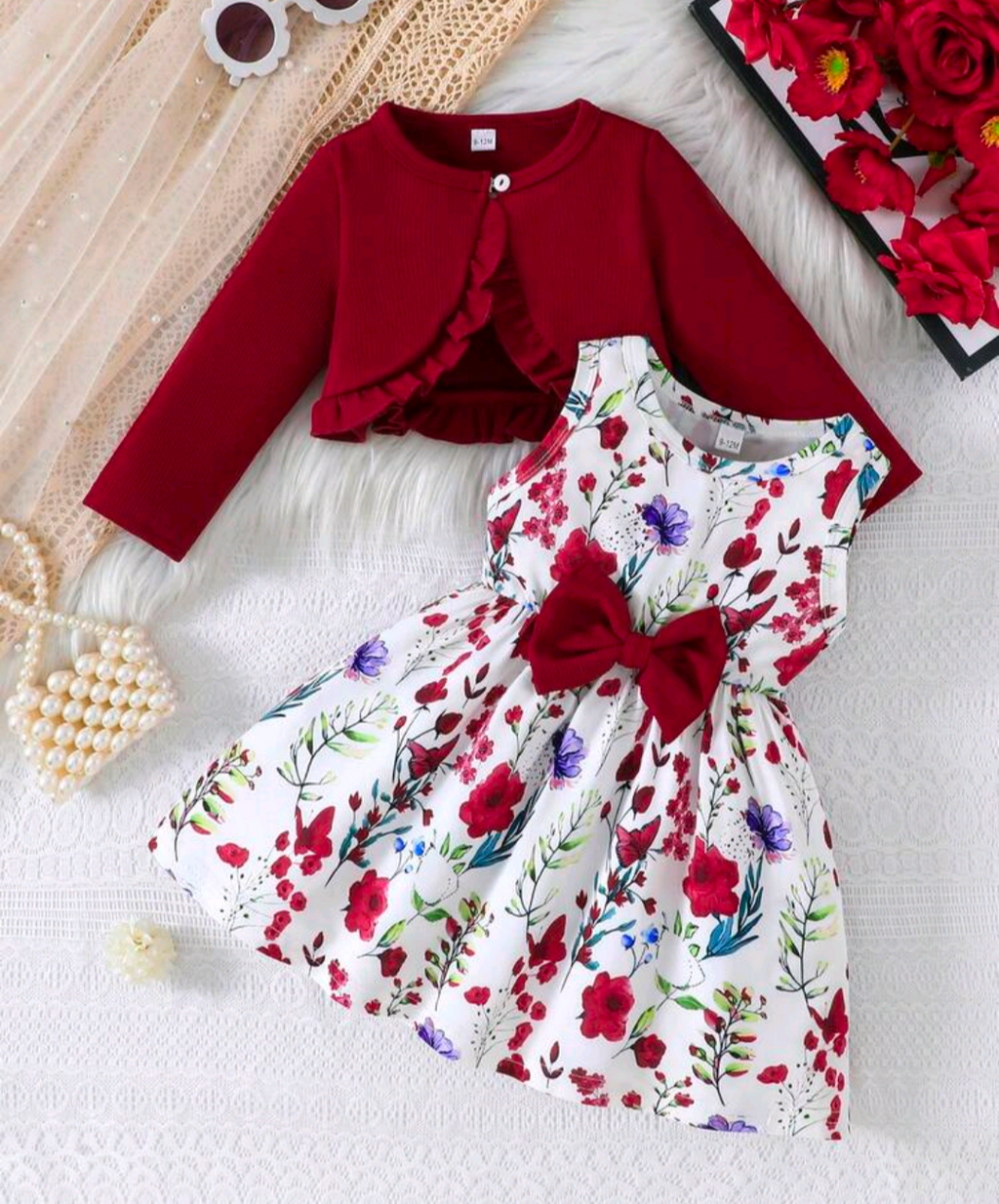 Baby Girls’ Floral Bow Dress & Burgundy Cardigan Set