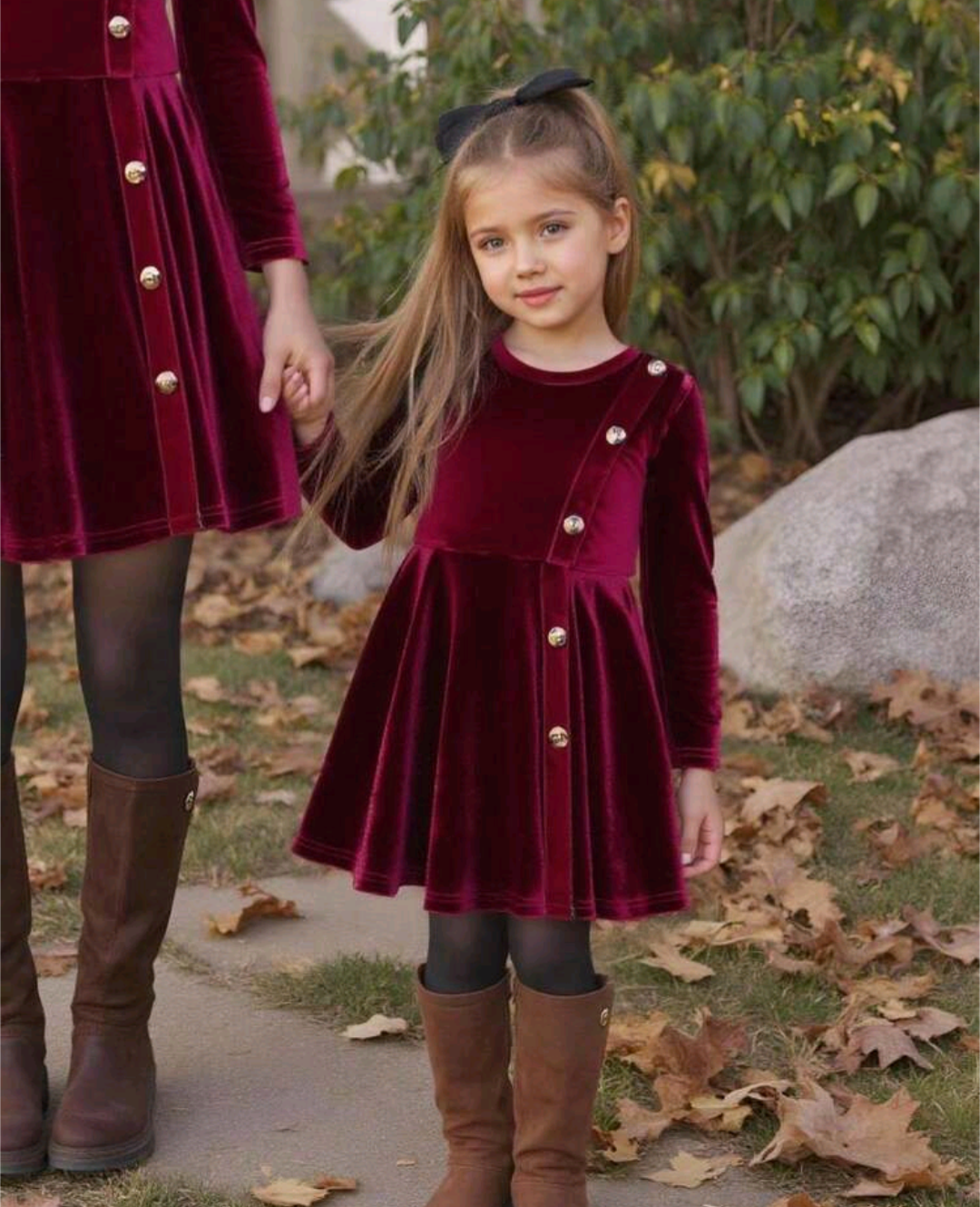Girls’ Burgundy Velvet-Look Long-Sleeve Party Dress