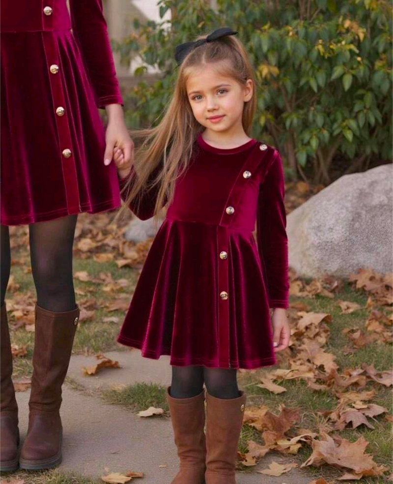 Girls’ Burgundy Velvet-Look Long-Sleeve Party Dress
