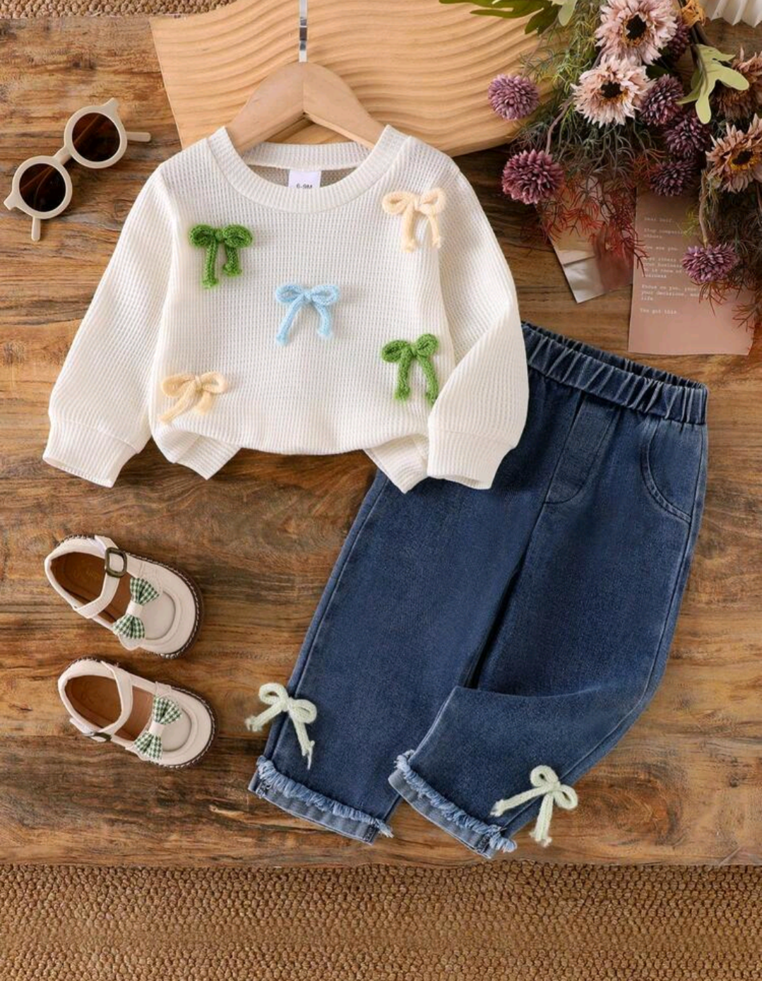 Baby Girls’ Pink Bow Top & Denim Pants 2-Piece Set