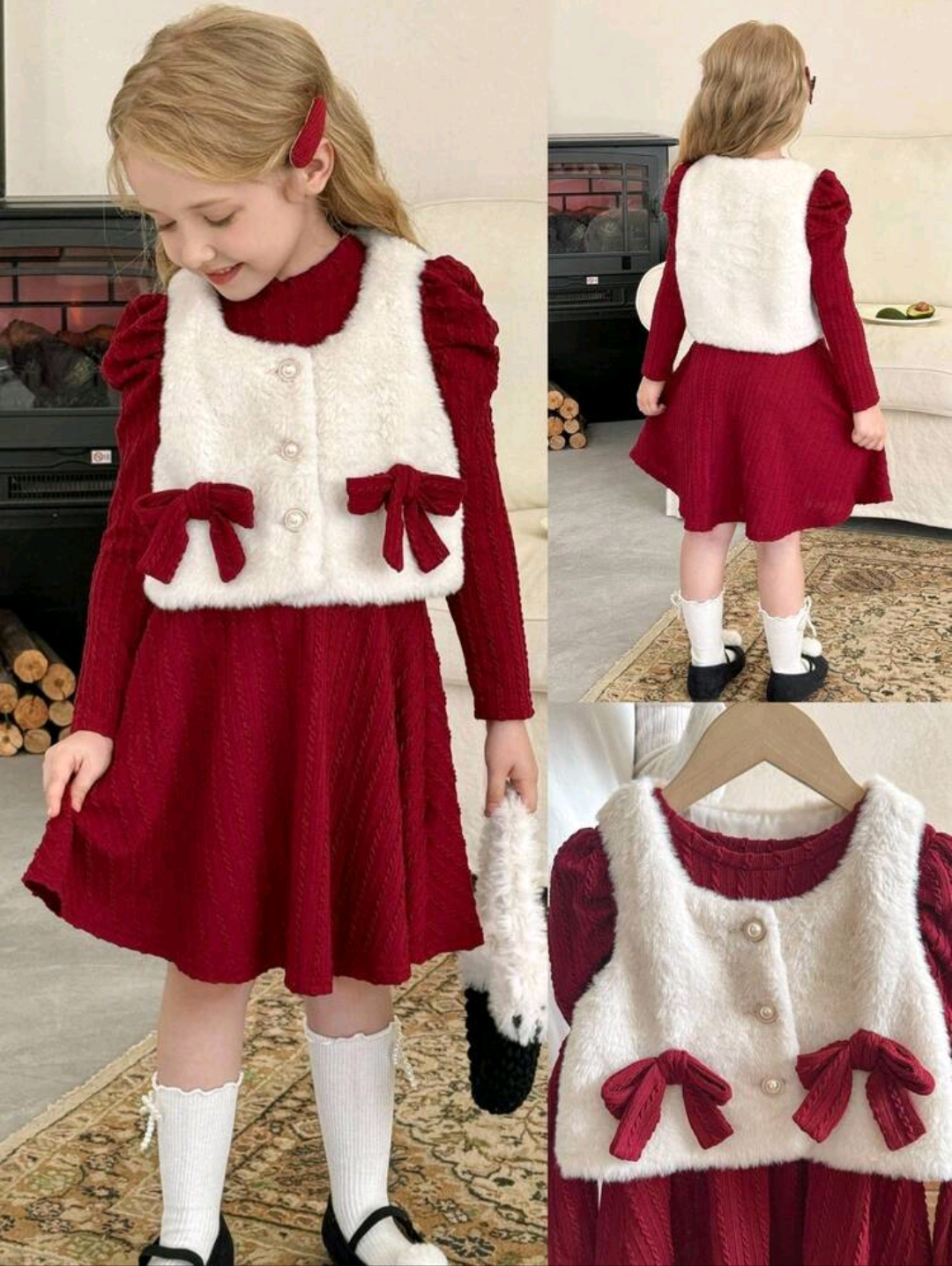 Girls red knit puff-sleeve dress with cream fluffy pearl button bow vest set, front and back view