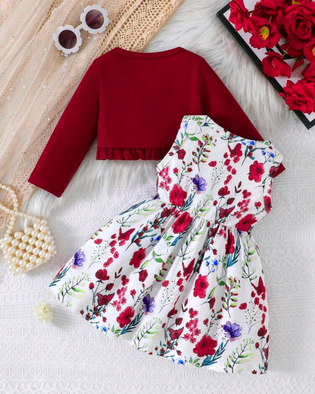 Baby Girls’ Floral Bow Dress & Burgundy Cardigan Set
