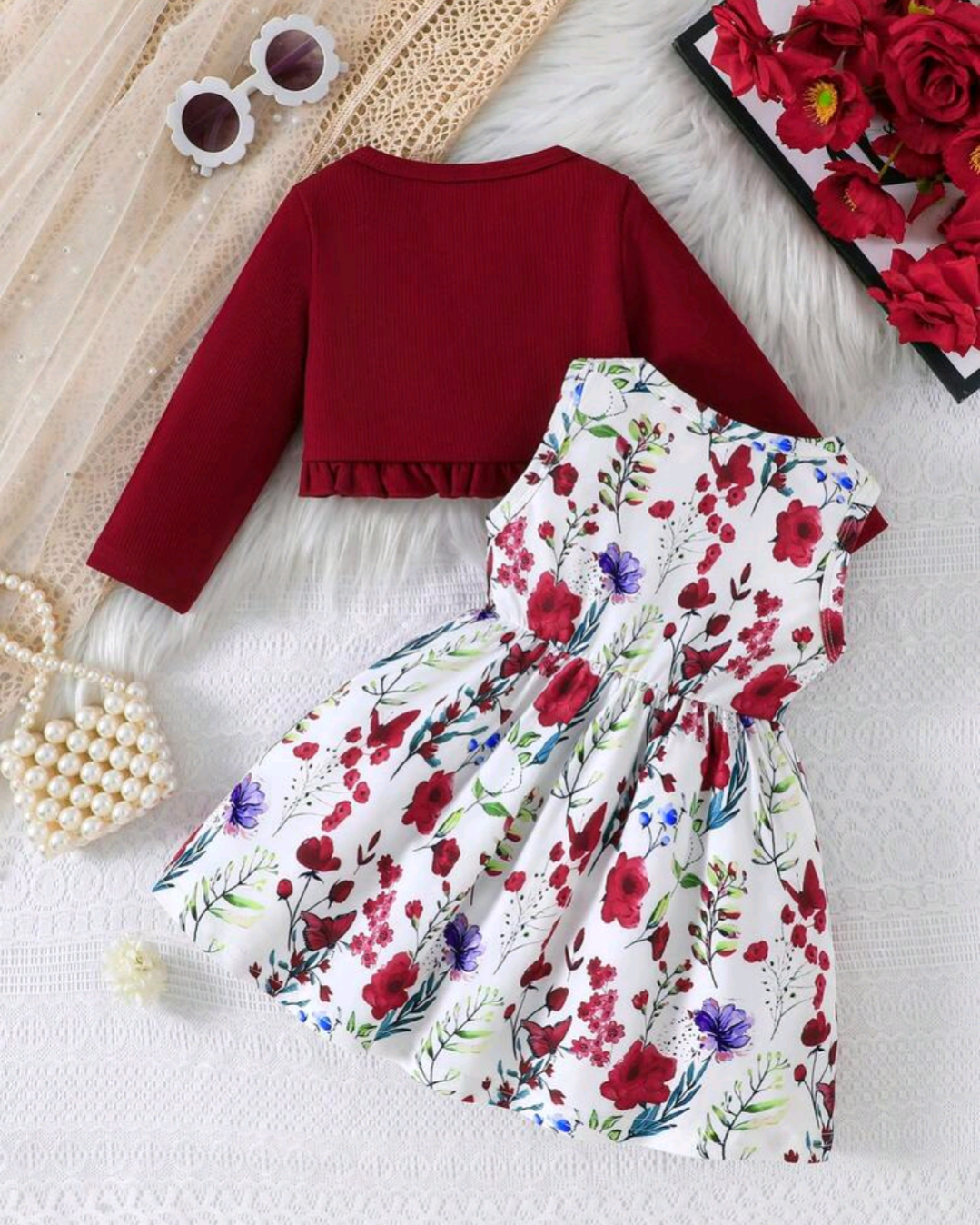Baby Girls’ Floral Bow Dress & Burgundy Cardigan Set