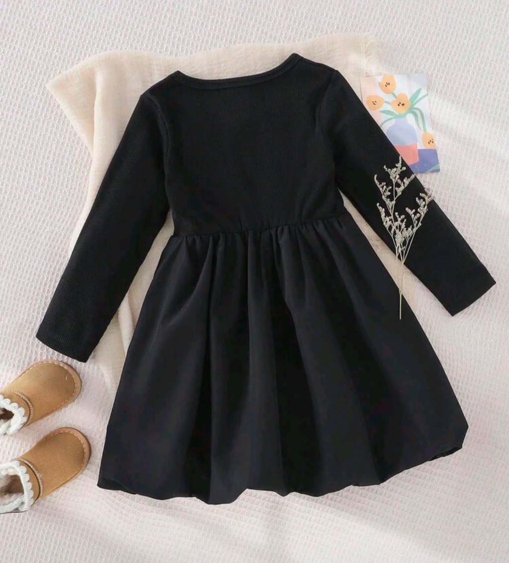 Girls Black Bow Detail Long Sleeve Dress