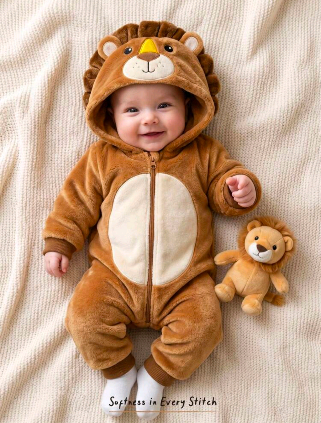 Little Lion Plush Hooded Baby Romper – Brown