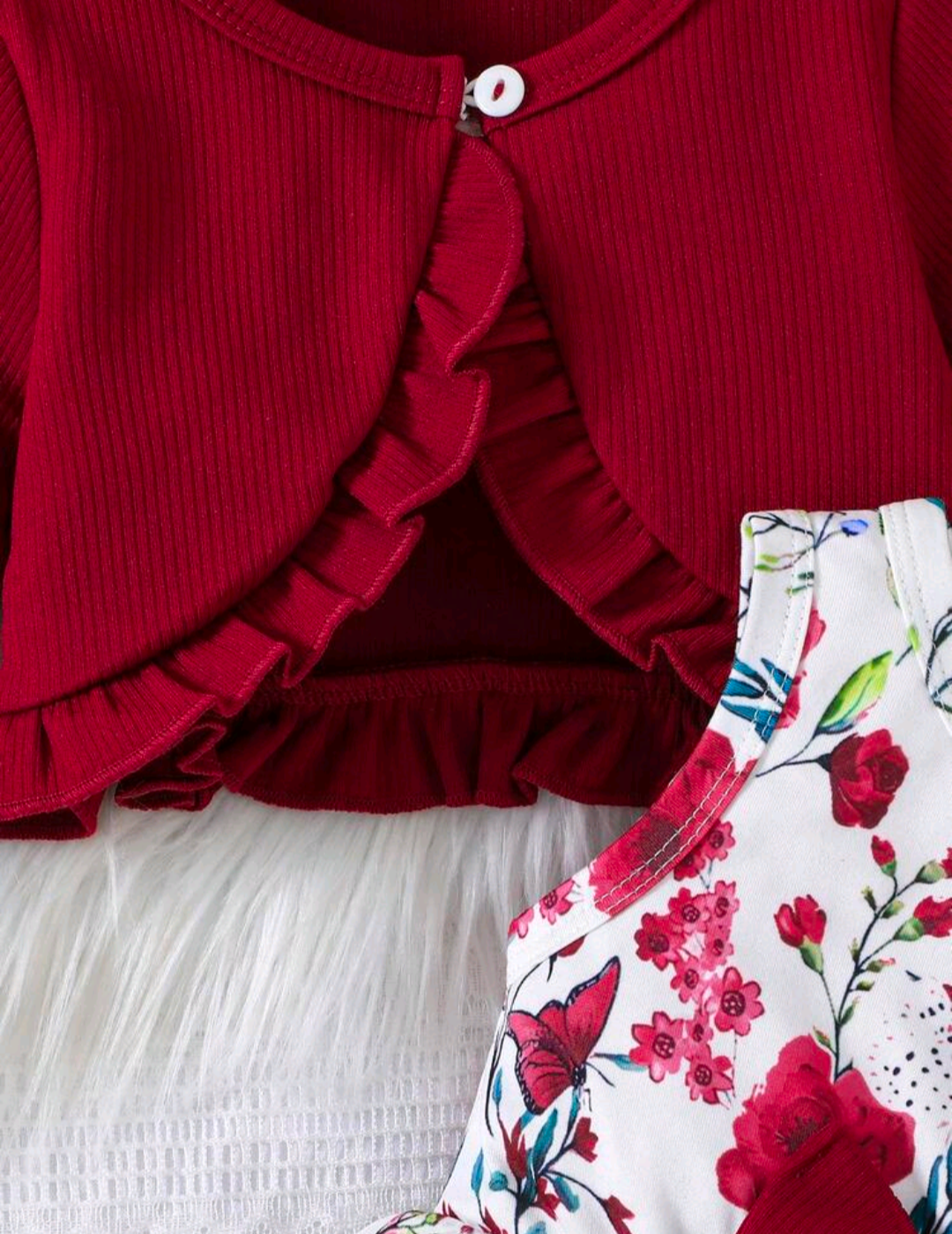 Baby Girls’ Floral Bow Dress & Burgundy Cardigan Set