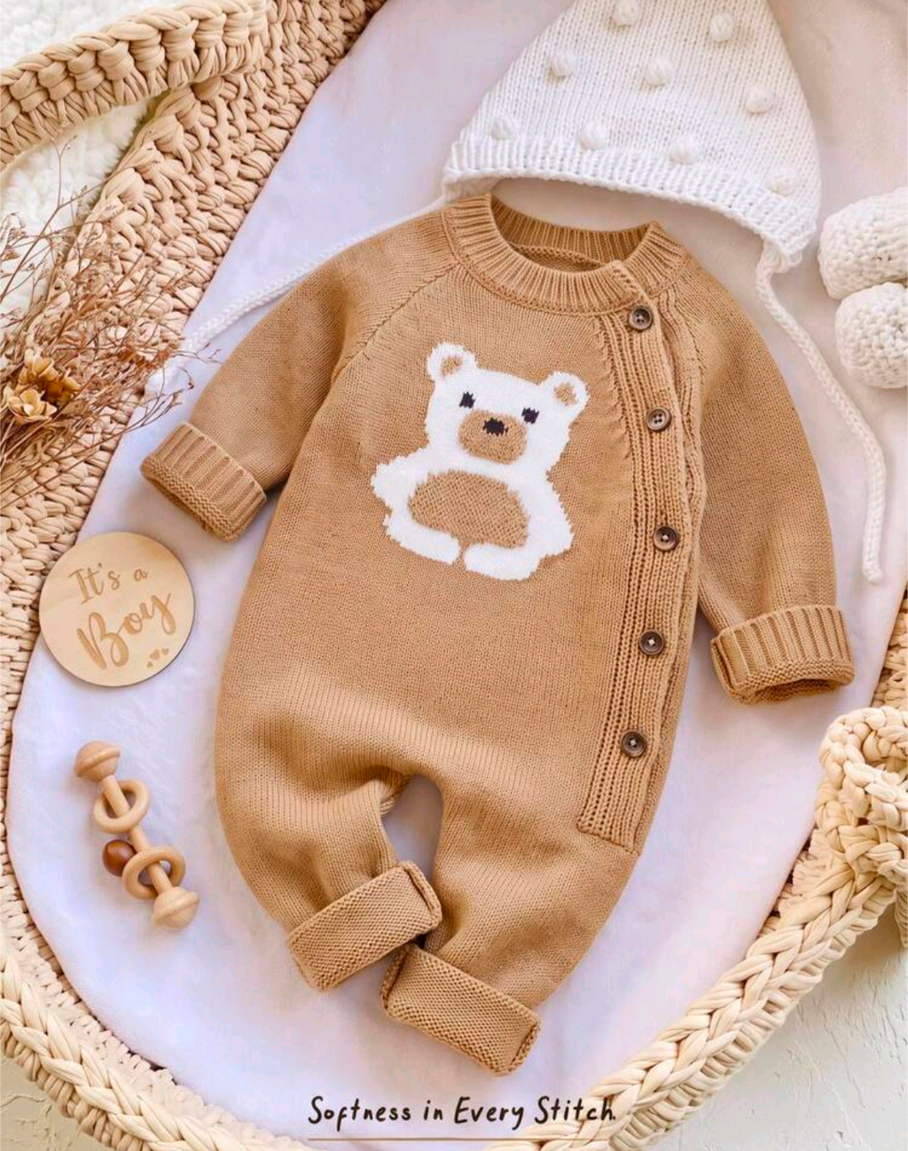 Teddy Bear Knitted Baby Romper – Camel