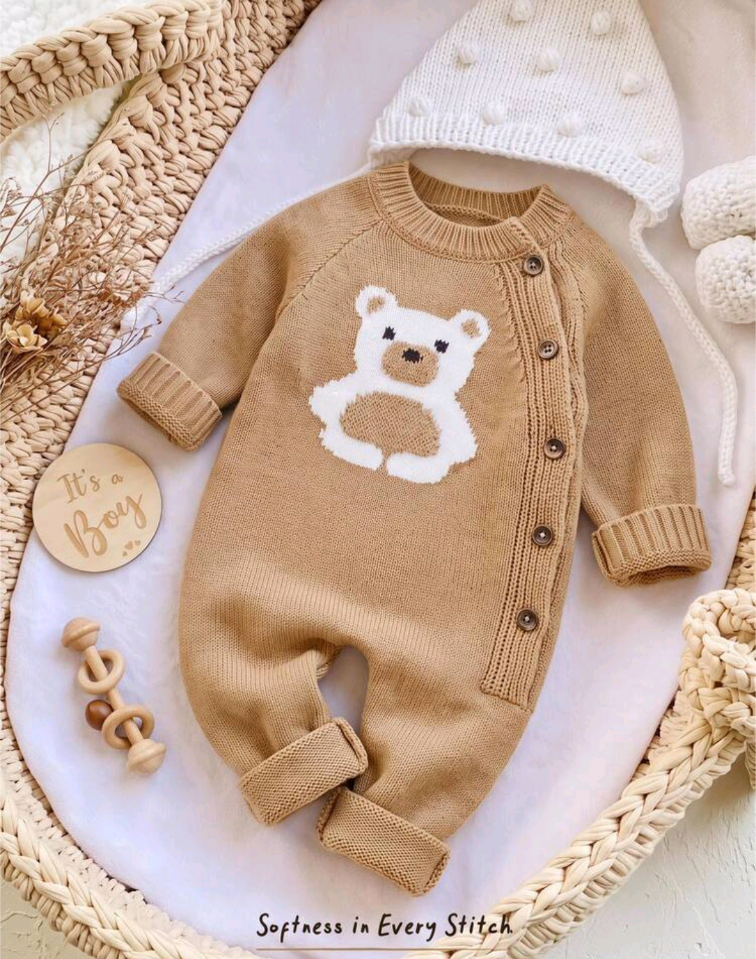 Teddy Bear Knitted Baby Romper – Camel