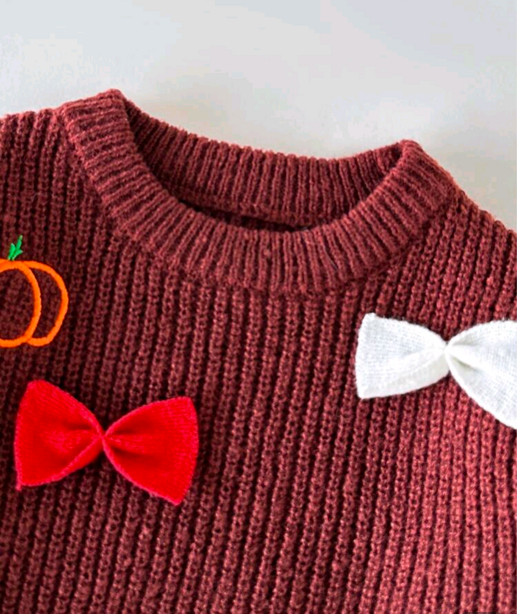 Girls Halloween Pumpkin & Bow Knit Sweater