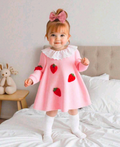 Girls’ Pink Strawberry Dress with White Ruffle Collar