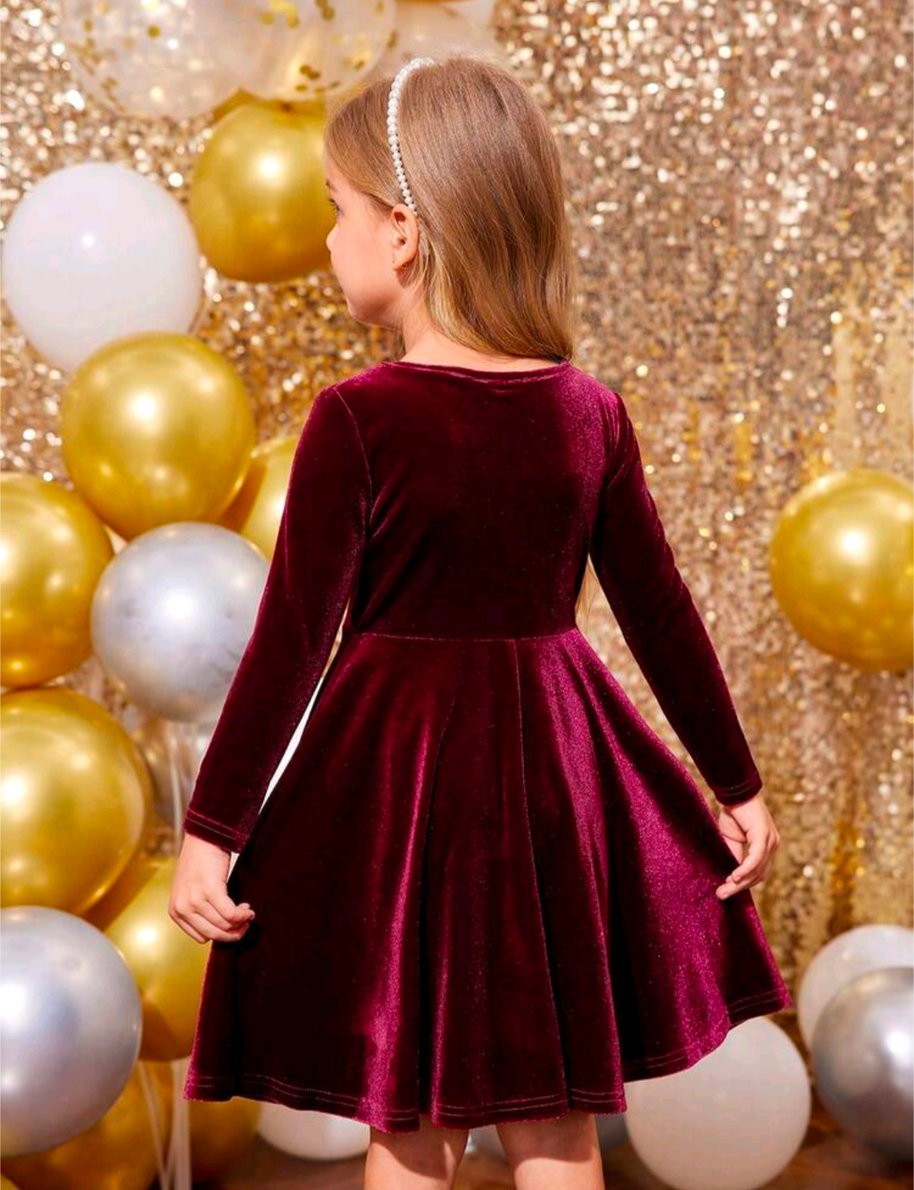 Girls’ Burgundy Velvet-Look Long-Sleeve Party Dress