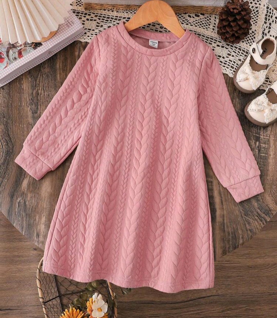 Girls’ Pink Cable-Textured Long-Sleeve Dress