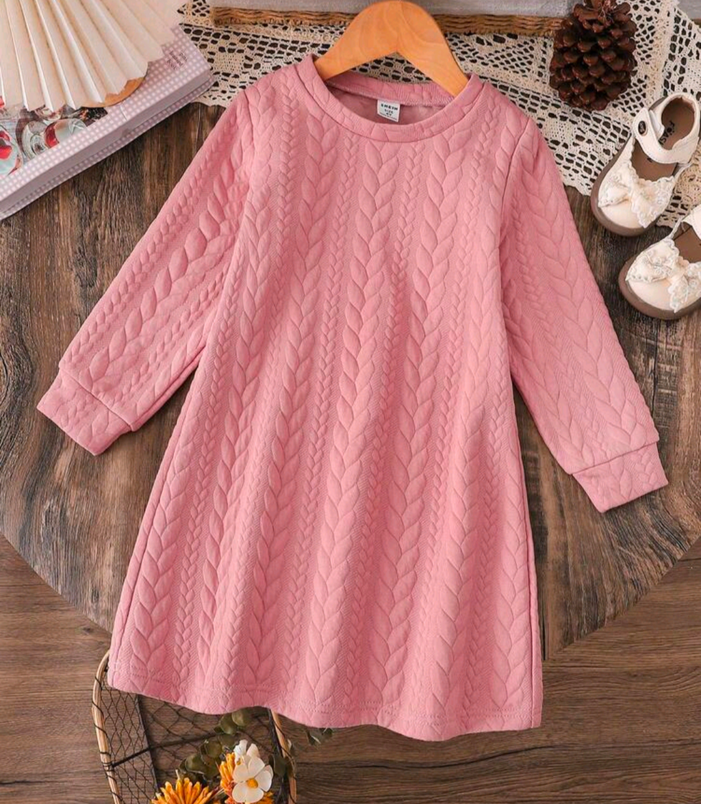 Pink cable-textured long-sleeve dress, front view