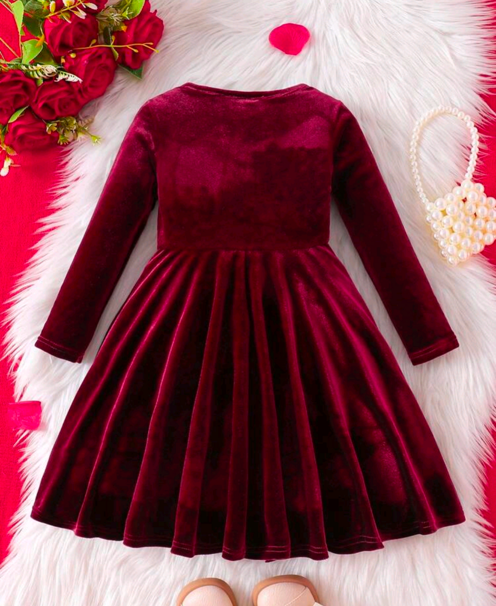Girls’ Burgundy Velvet-Look Long-Sleeve Party Dress