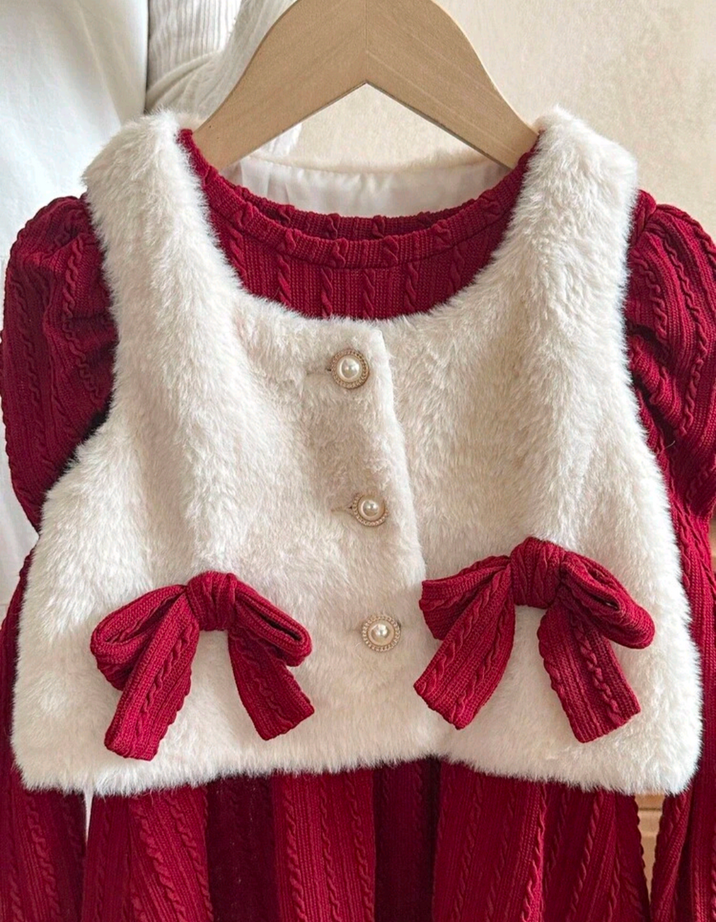 Girls Red Knit Dress & Fluffy Vest Set