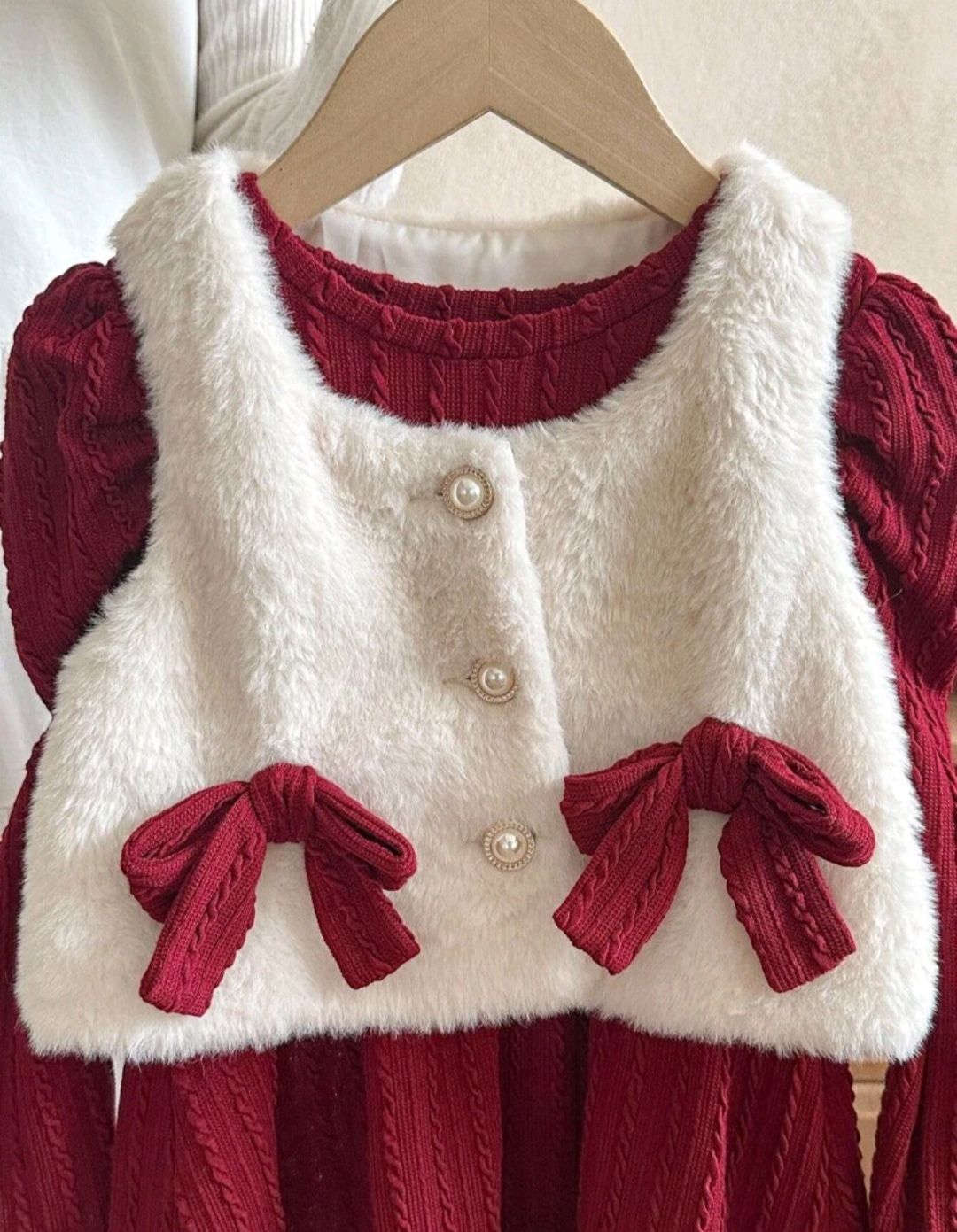 Girls Red Knit Dress & Fluffy Vest Set