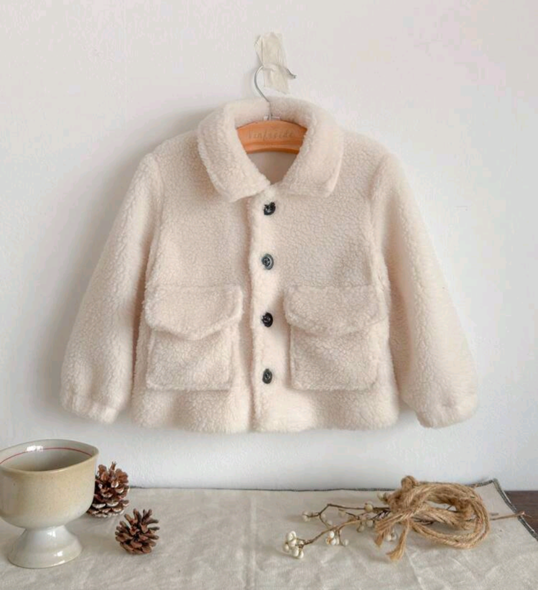 Baby Cream Teddy Faux Fur Coat with Patch Pockets