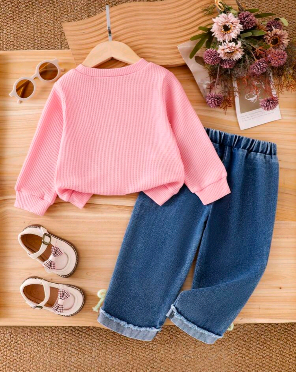 Baby Girls’ Pink Bow Top & Denim Pants 2-Piece Set