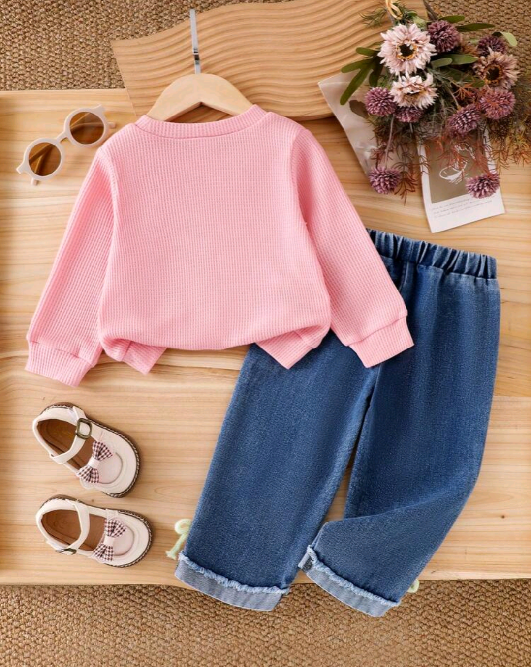 Baby Girls’ Pink Bow Top & Denim Pants 2-Piece Set